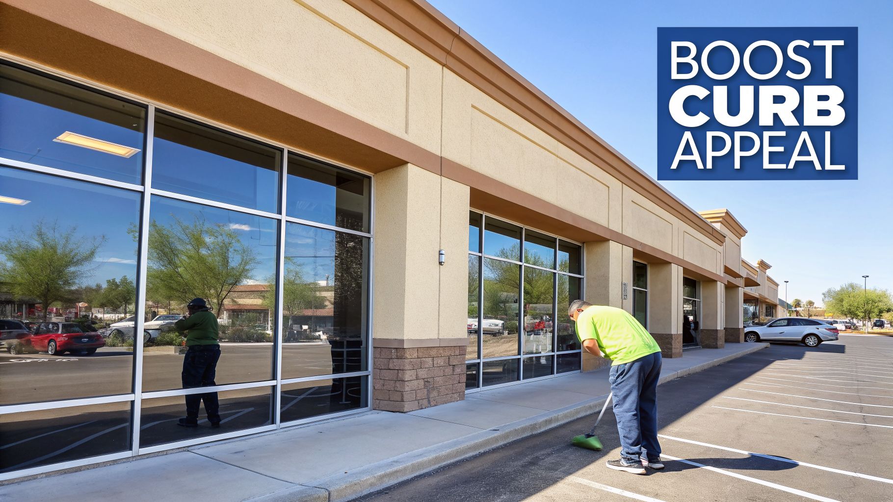 A person sweeping the sidewalk in front of a modern commercial building with large reflective windows.