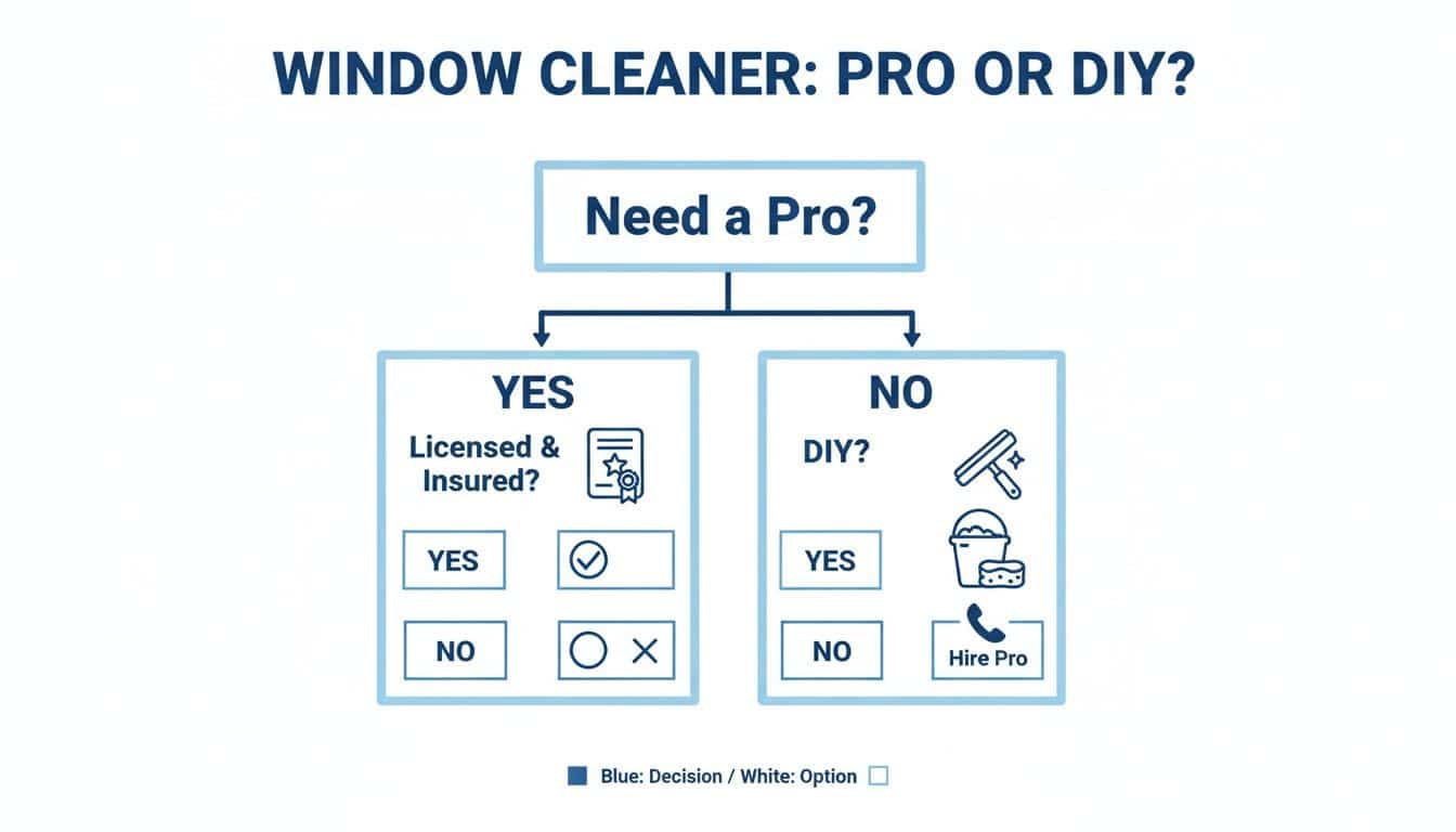 Flowchart guiding the decision between professional window cleaning service or DIY, considering licensing.
