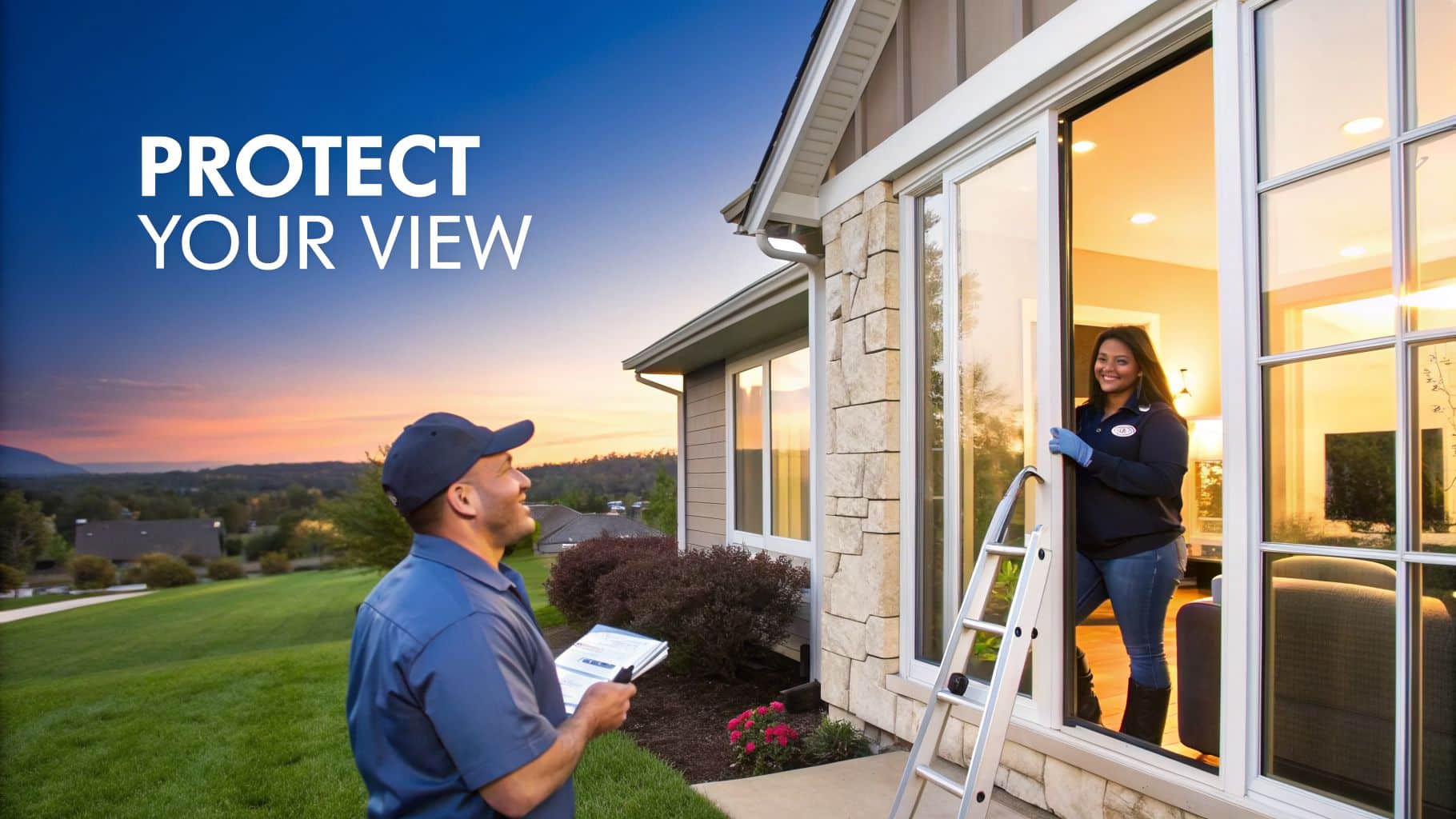 A professional window service team at a modern home, ensuring a clear view at sunset.