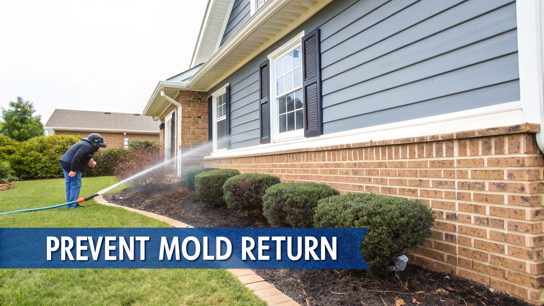 A person sprays water from a hose along the brick foundation of a house to prevent mold.