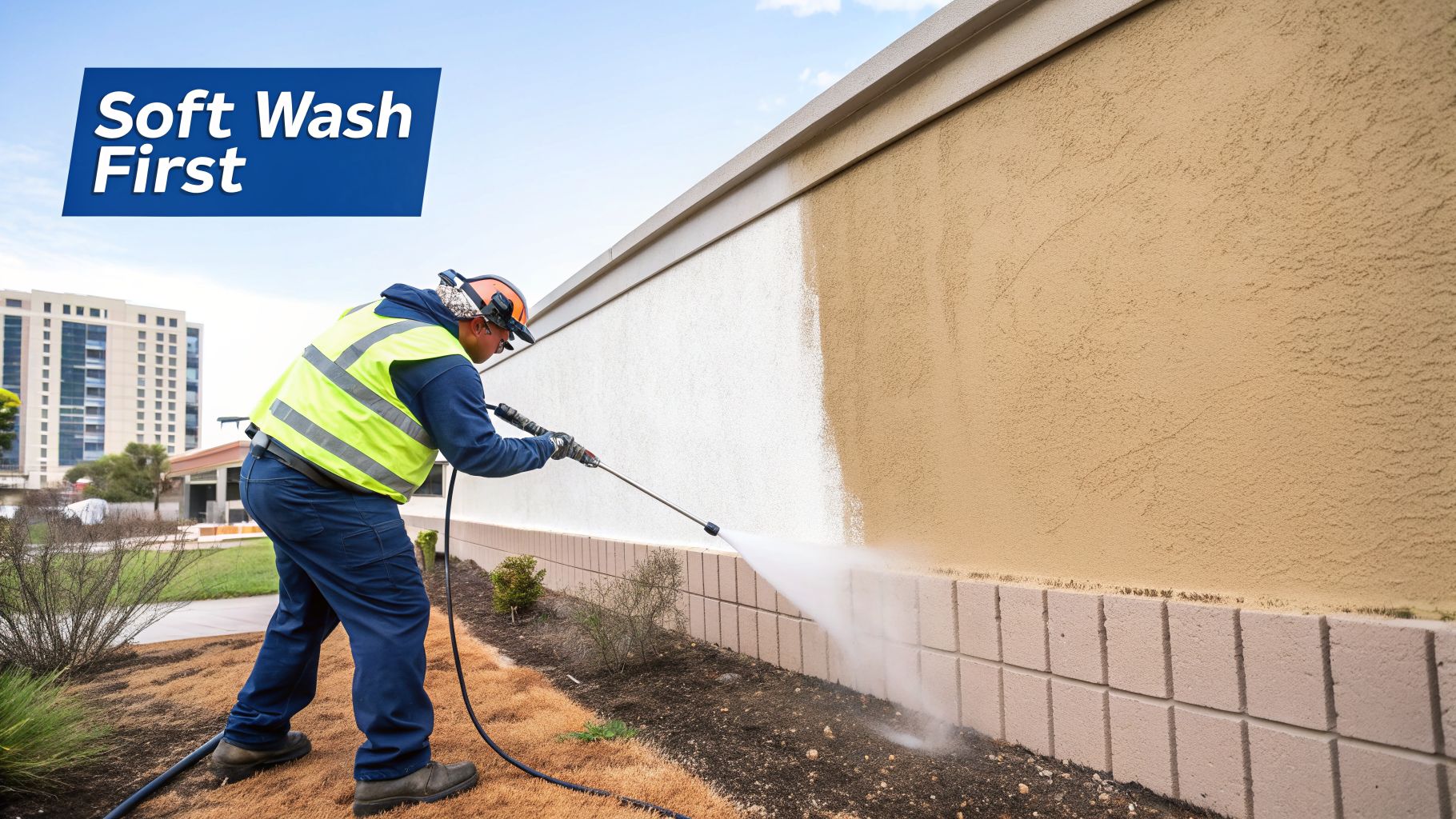 Worker soft washing a building wall, revealing a clean white section from a dirty, tan surface.