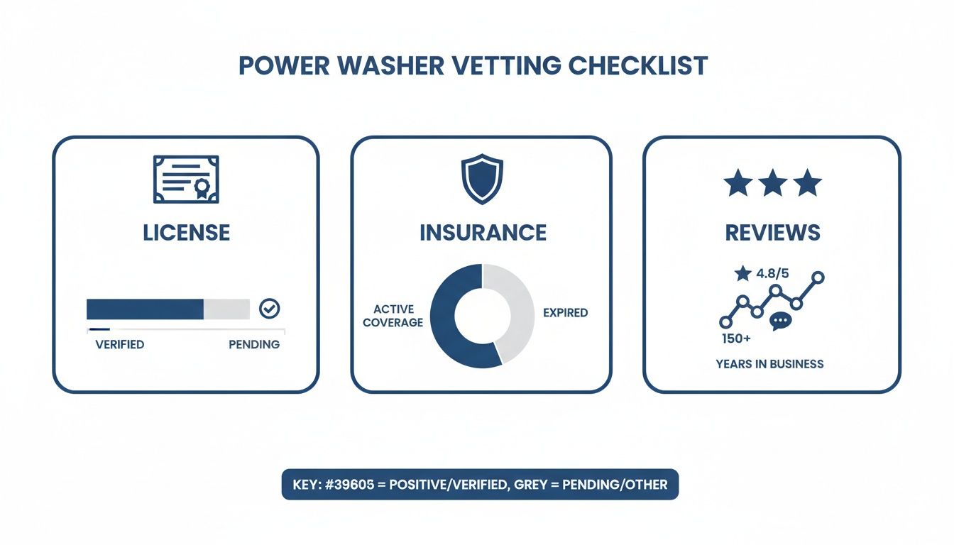 Infographic displaying a power washer vetting checklist with license, insurance, and review statuses.