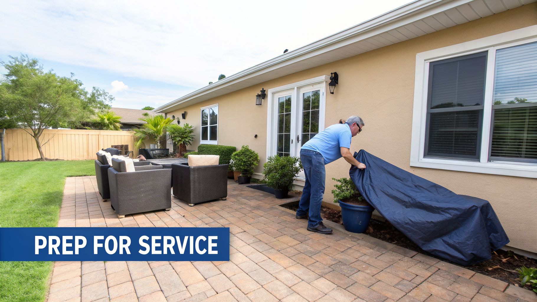 A man covers a plant with a blue tarp on a patio next to a house, preparing for service.