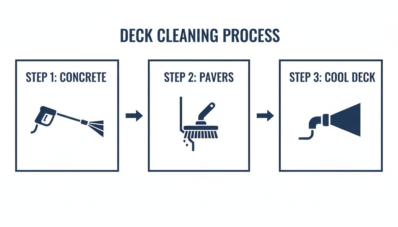 Diagram illustrating a three-step deck cleaning process: pressure washing concrete, scrubbing pavers, and cooling the deck.