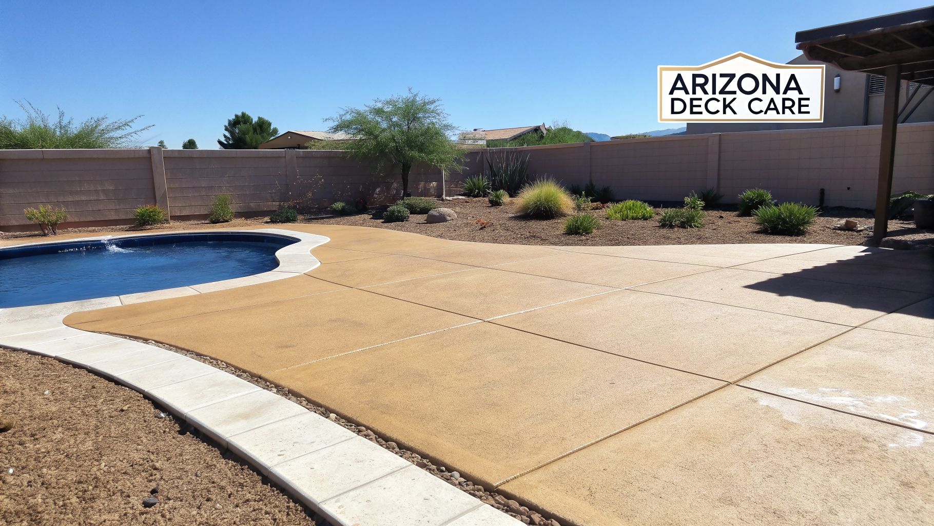 A clean desert backyard with a blue swimming pool and a light brown concrete patio.