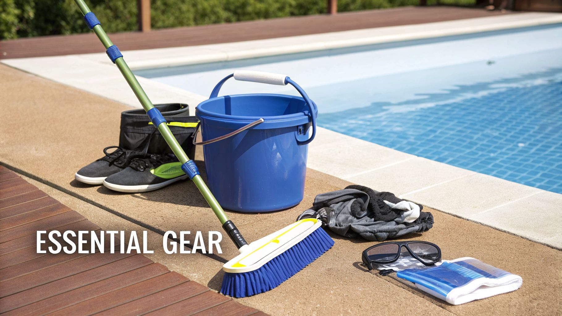 Essential gear for swimming pool deck cleaning and relaxation, including a brush, bucket, and sunglasses.