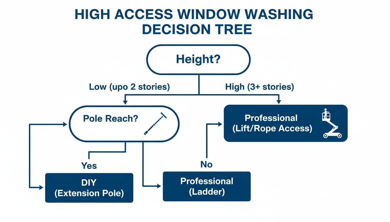 Decision tree flowchart for high access window washing, guiding users to DIY or professional methods.