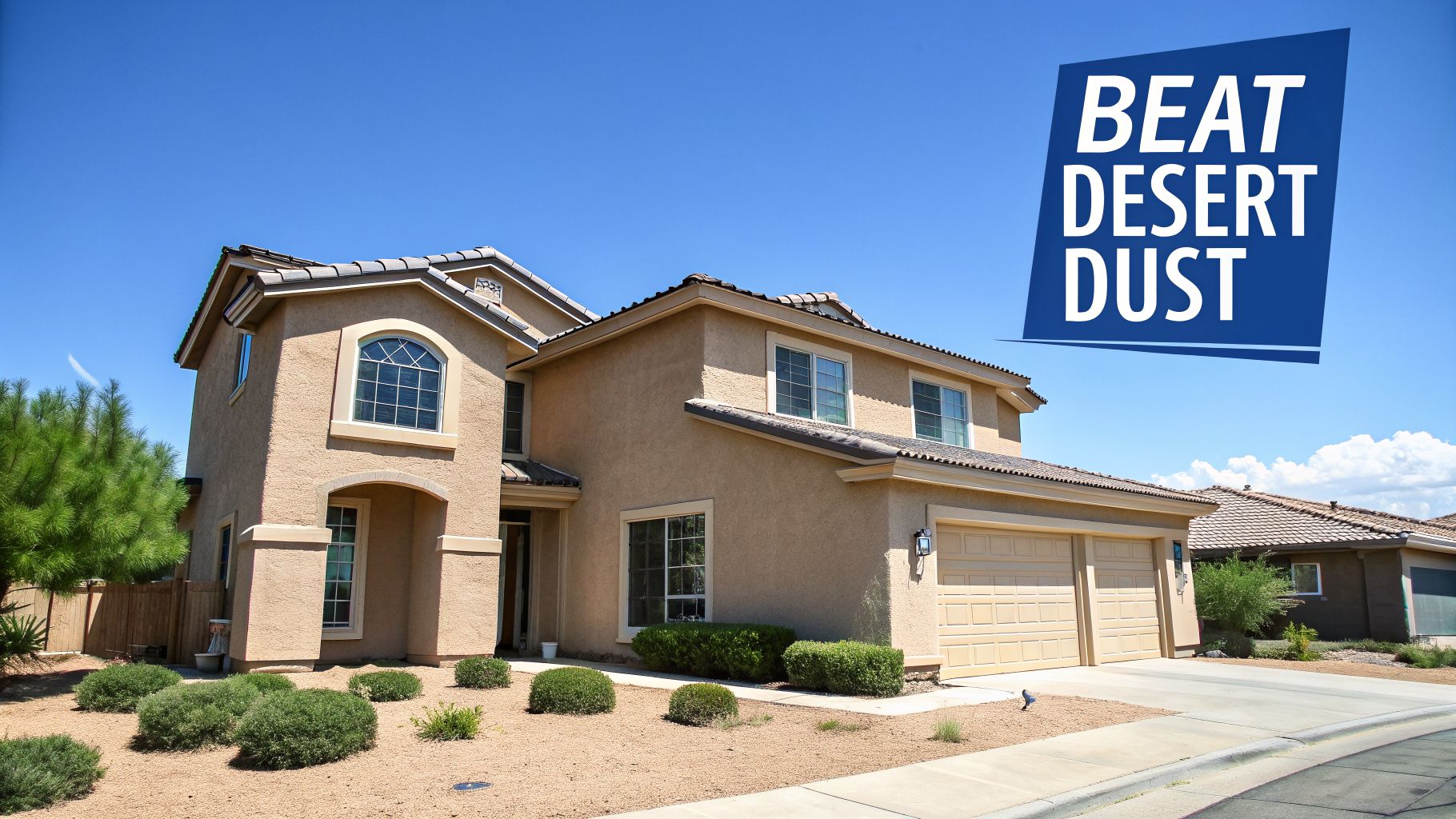 A tan house with high windows in a dry desert landscape, with a 'Beat Desert Dust' sign.