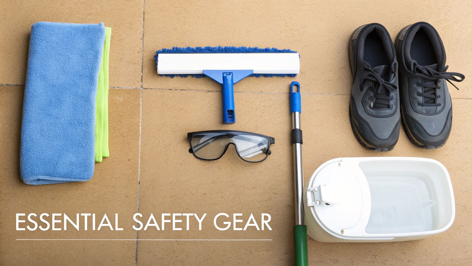 Essential safety gear and cleaning tools for washing high windows, including shoes, glasses, and squeegee.