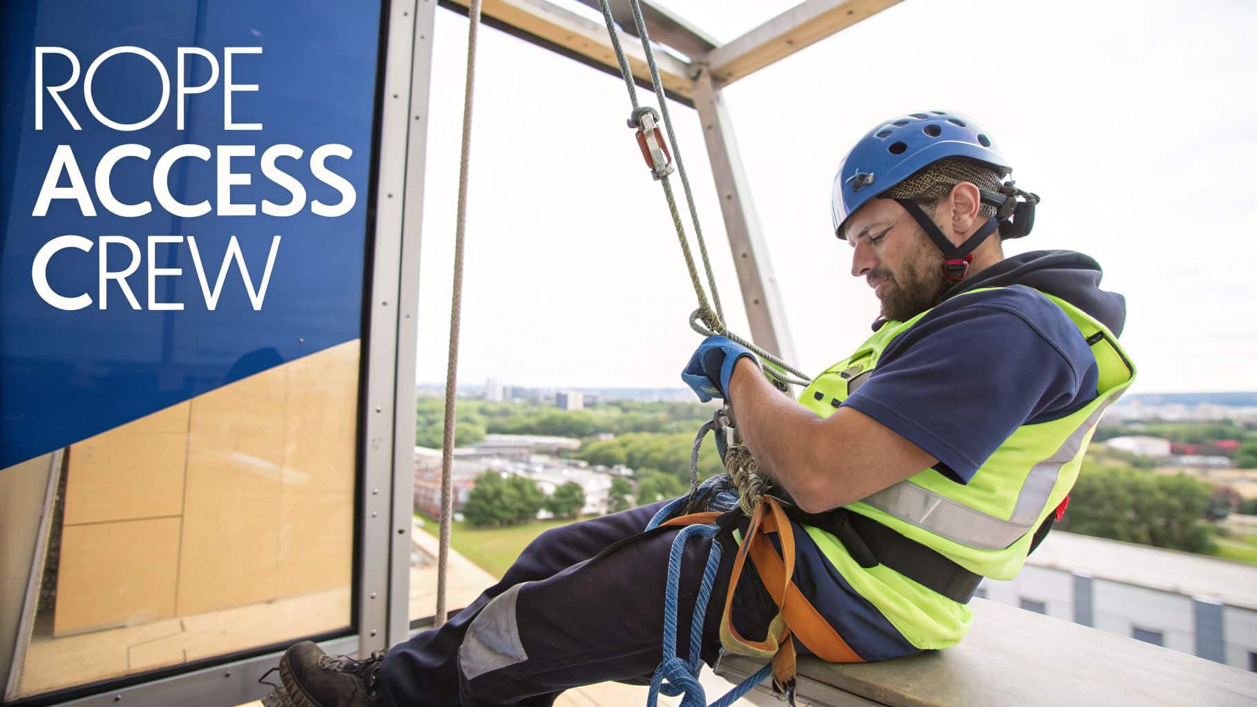 A skilled rope access technician in a helmet and high-visibility vest works on a building exterior.