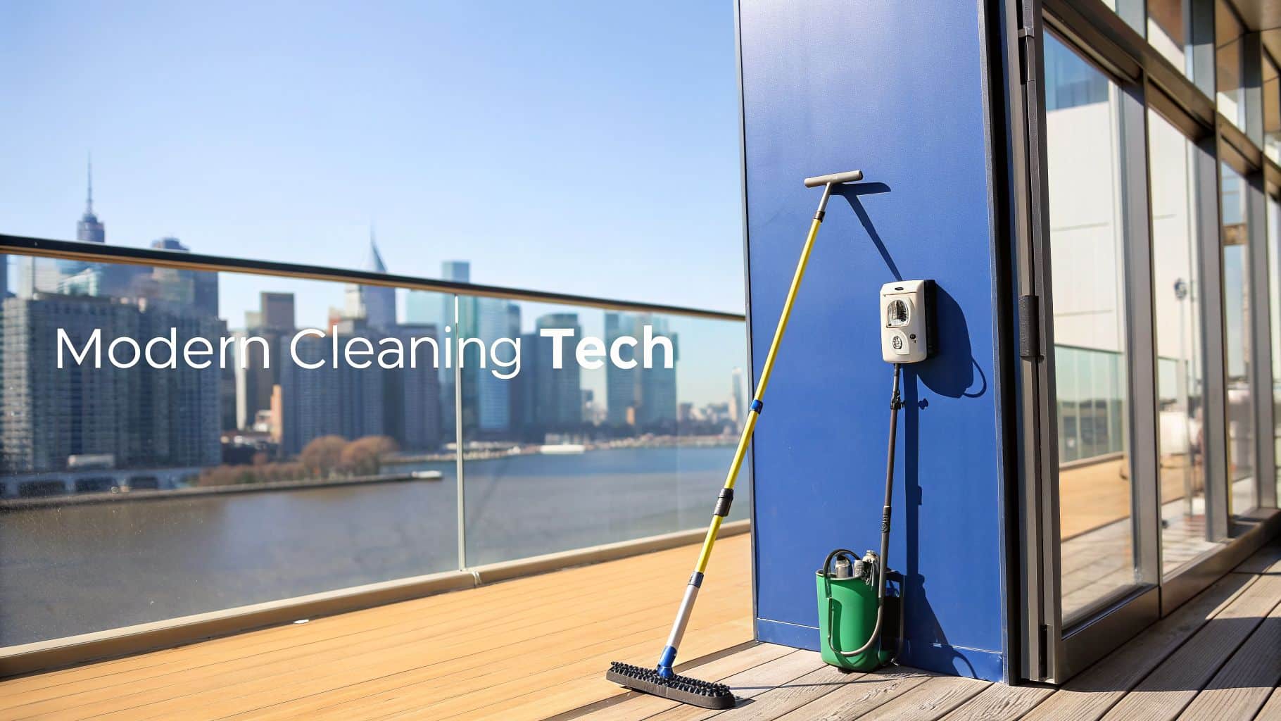 Modern window washing equipment on a sunny balcony with a city skyline and river in the background.
