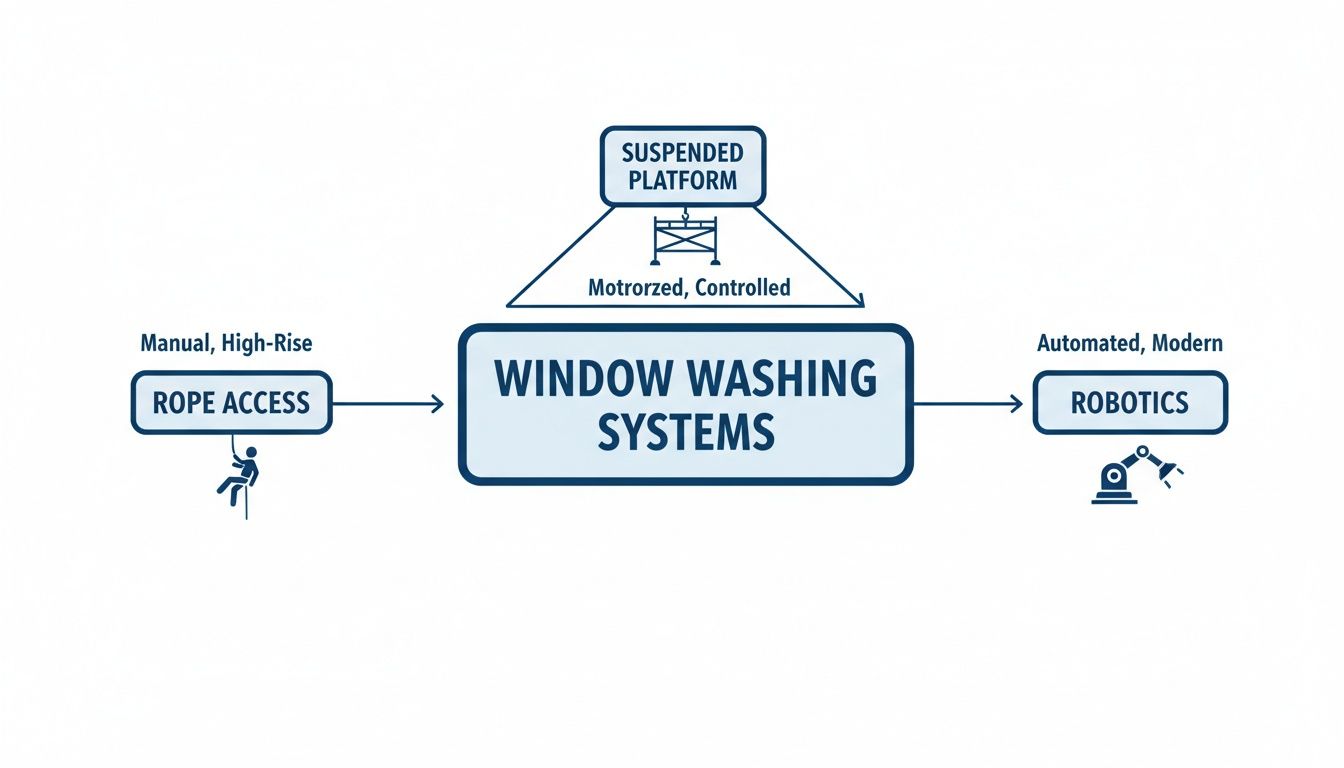 Flowchart illustrating different window washing systems, including manual rope access, suspended platforms, and modern robotics.