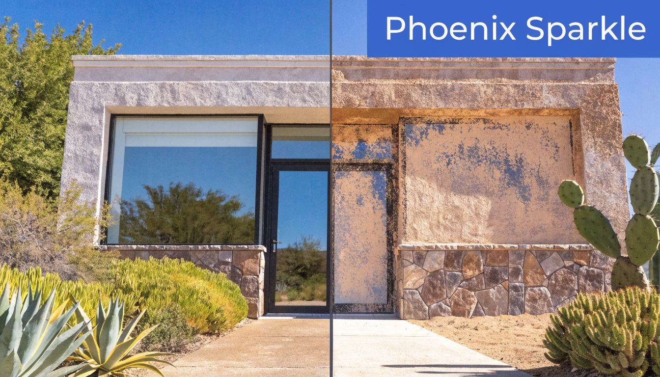 A split image showing a building wall before and after professional exterior pressure washing services.