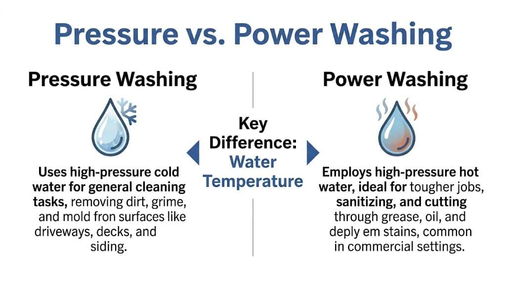 A comparison chart explaining the key difference between pressure washing and power washing using water temperature.