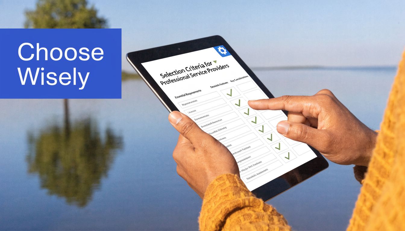 A person selecting professional service provider criteria on a tablet screen in an outdoor setting.