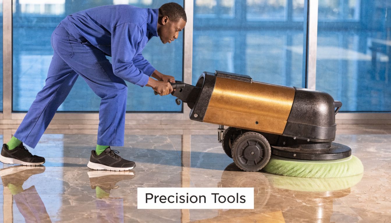 A professional cleaner in a blue uniform uses a walk-behind floor buffer machine to polish a shiny lobby floor.