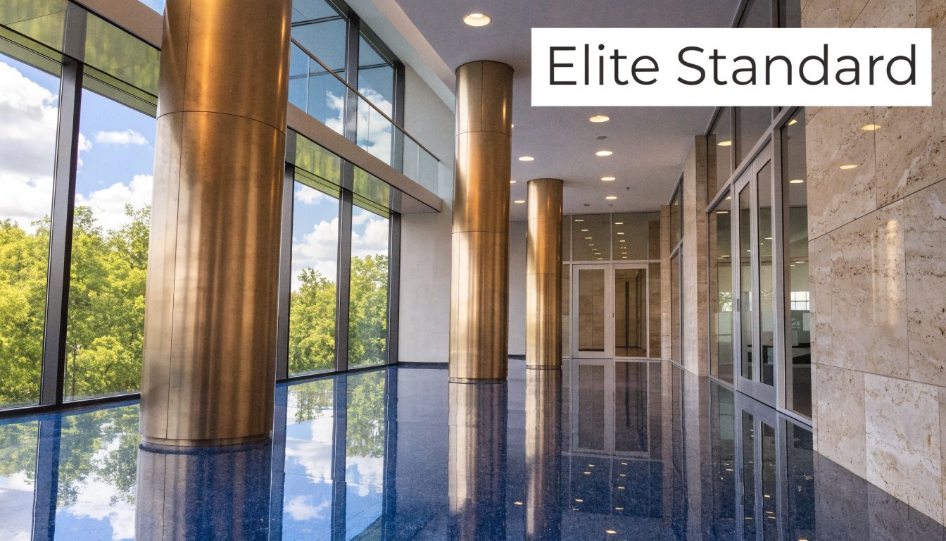 A luxurious modern office lobby with high ceilings, tall golden pillars, and a shiny blue reflective floor.