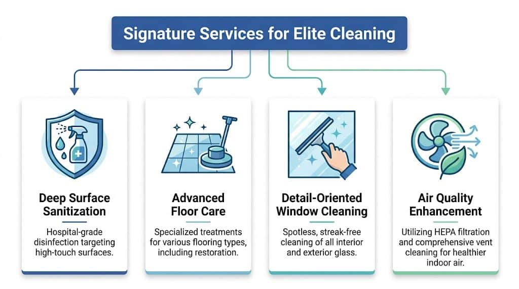 An infographic titled Signature Services for Elite Cleaning showing four specialized professional cleaning service categories.