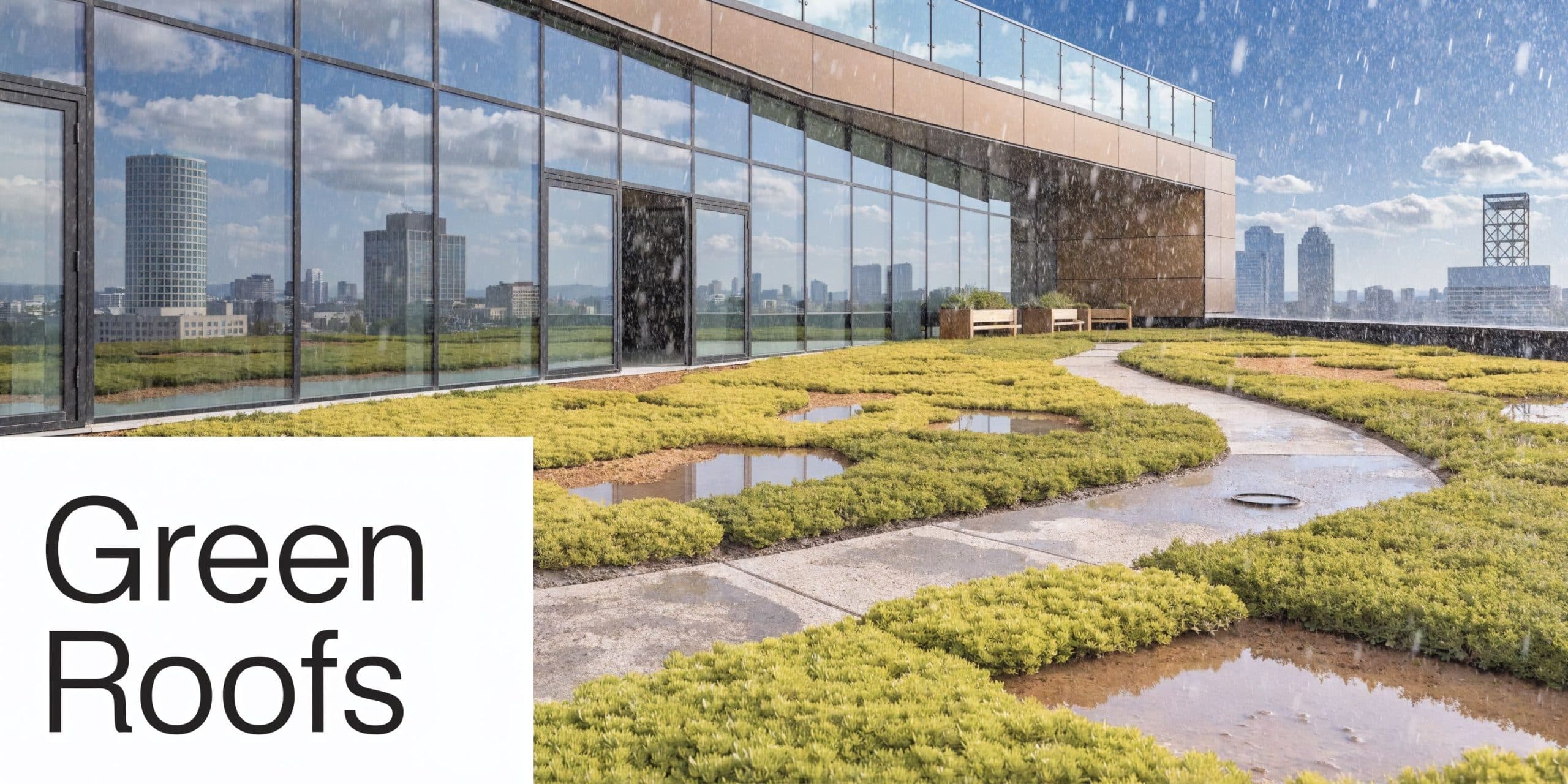A modern rooftop garden with low-lying green plants, wet concrete pathways, and glass building reflections.
