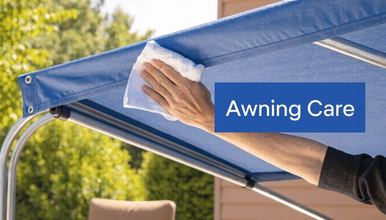 A person cleaning a blue fabric awning on a deck with a white cloth for maintenance.