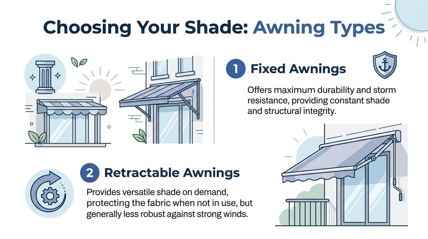 An infographic comparing fixed awnings and retractable awnings for residential or commercial shading solutions.