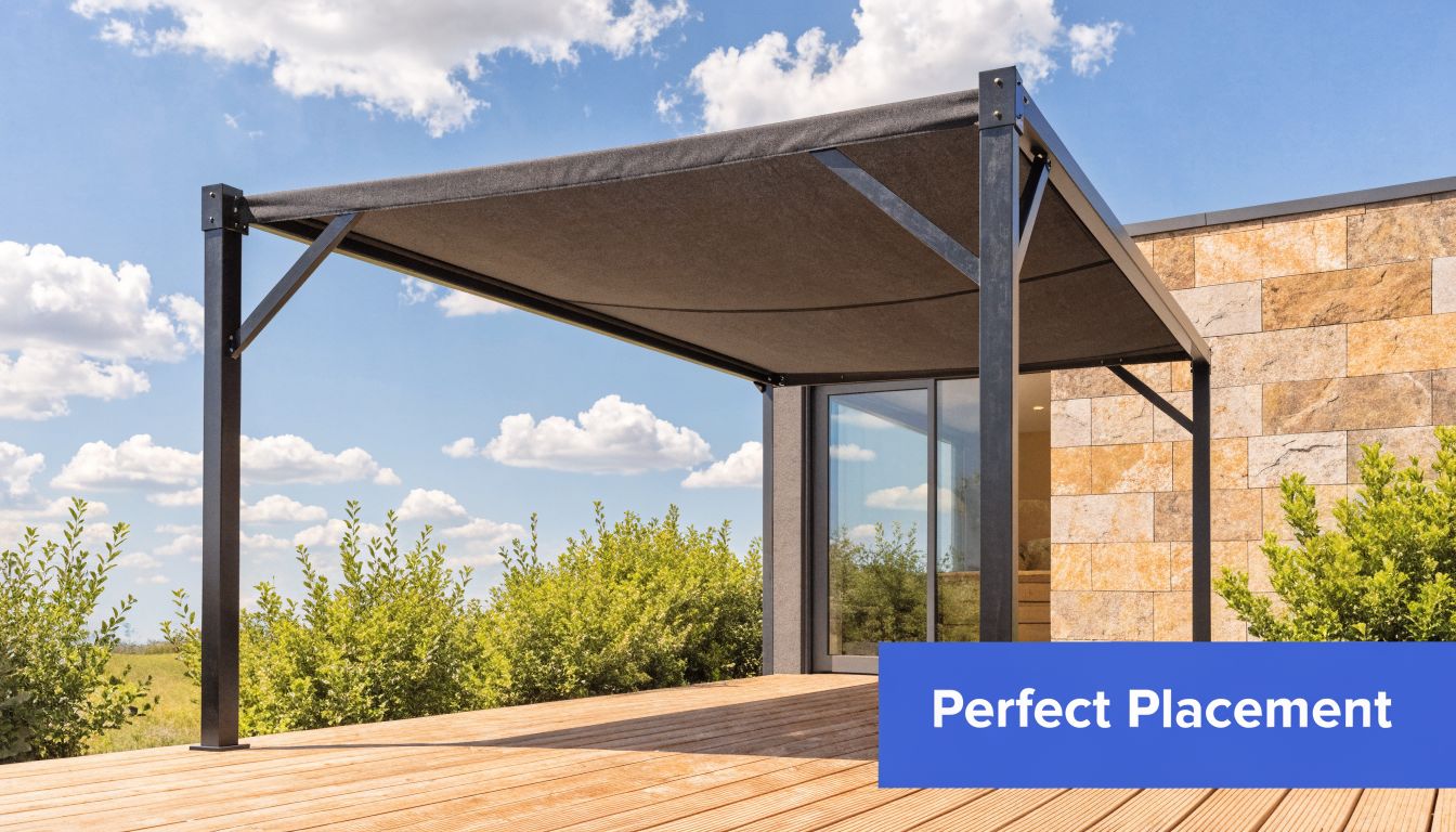 A modern black metal pergola structure with a fabric canopy installed over a wooden patio deck.