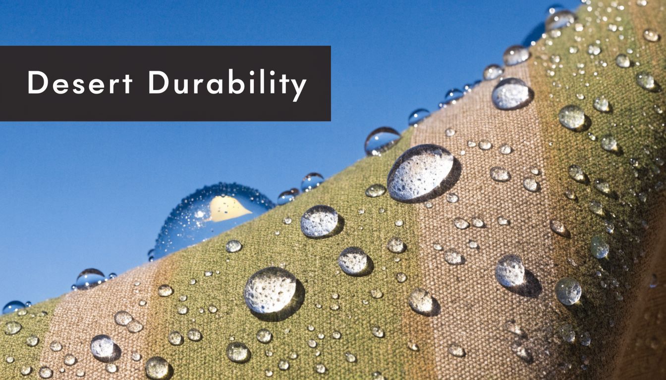 Water droplets beading on a durable, moisture-resistant fabric surface against a clear blue sky background.