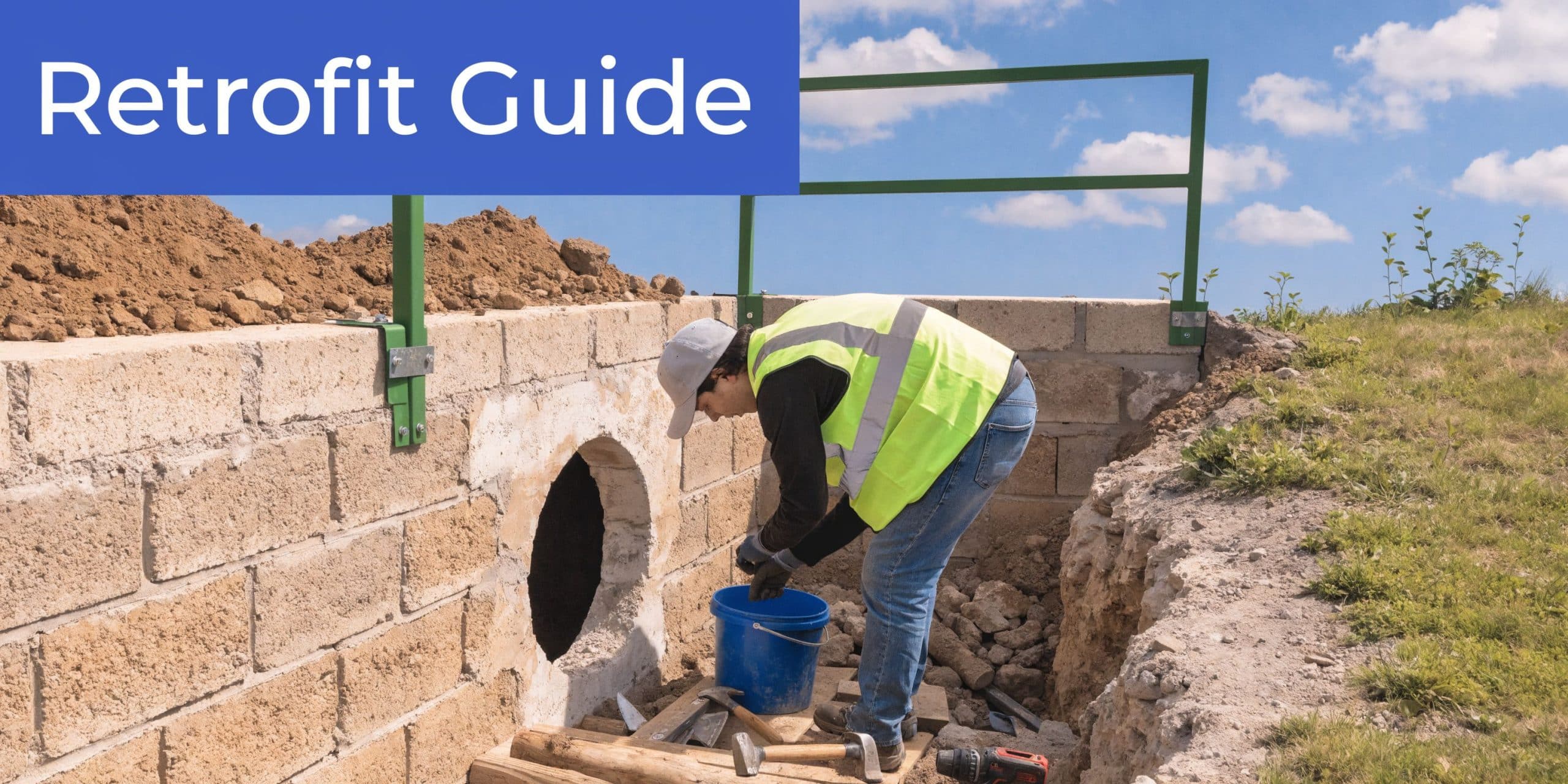 A construction worker in a high visibility vest repairing a brick structure with a drainage pipe opening.
