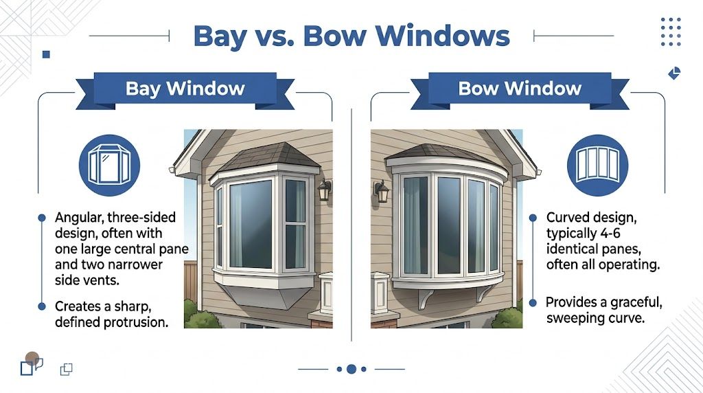 A comparison chart showing the structural and design differences between bay windows and bow windows.
