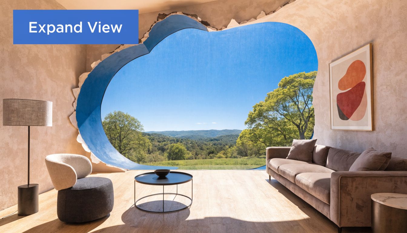 A luxurious living room with a large, organically shaped window overlooking a scenic mountain forest landscape.
