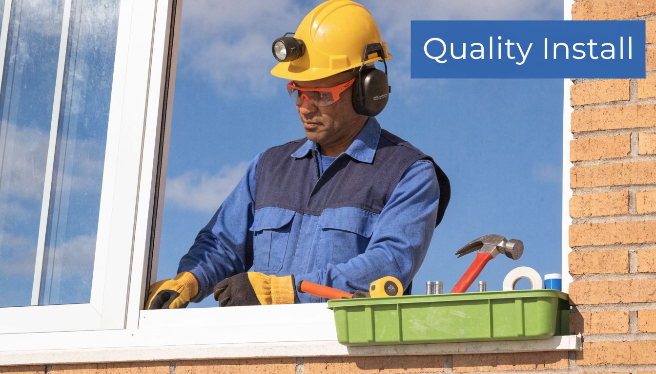 A professional construction worker in protective gear installs a new white window frame in a brick wall.