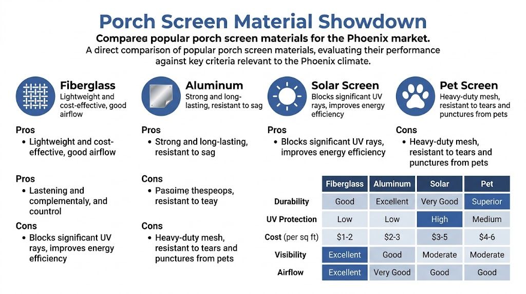 A comparison chart of porch screen materials including fiberglass, aluminum, solar, and pet screens in Phoenix.