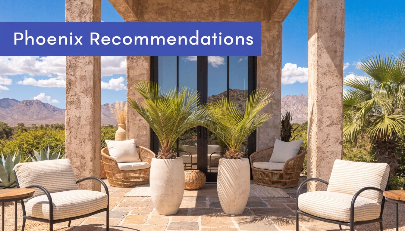 A luxurious outdoor patio in Phoenix with comfortable chairs and potted palm trees overlooking a scenic mountain landscape.