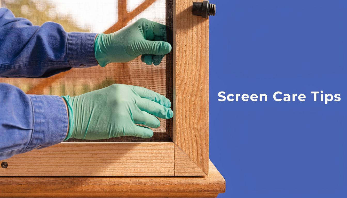 A person wearing protective gloves working on installing a screen into a wooden frame for a porch.