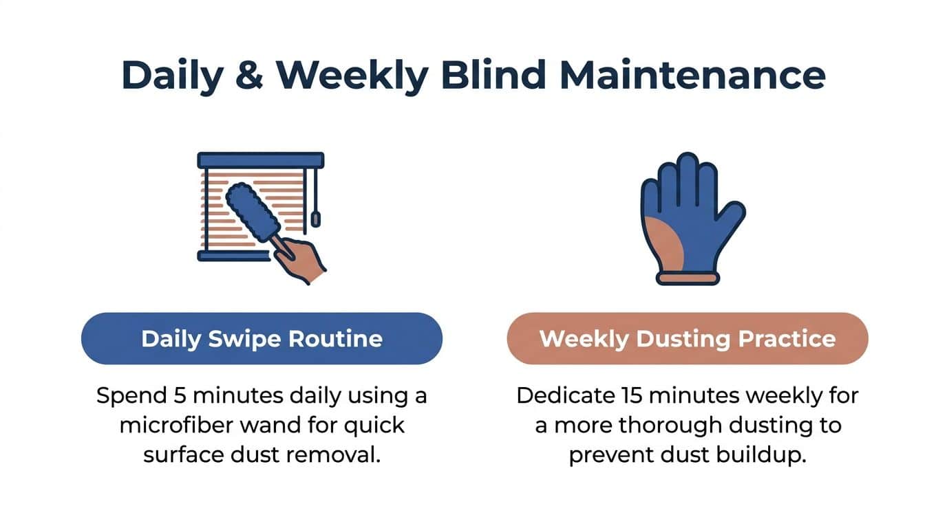 An infographic showing daily and weekly maintenance tips for cleaning household window blinds using dusting tools.