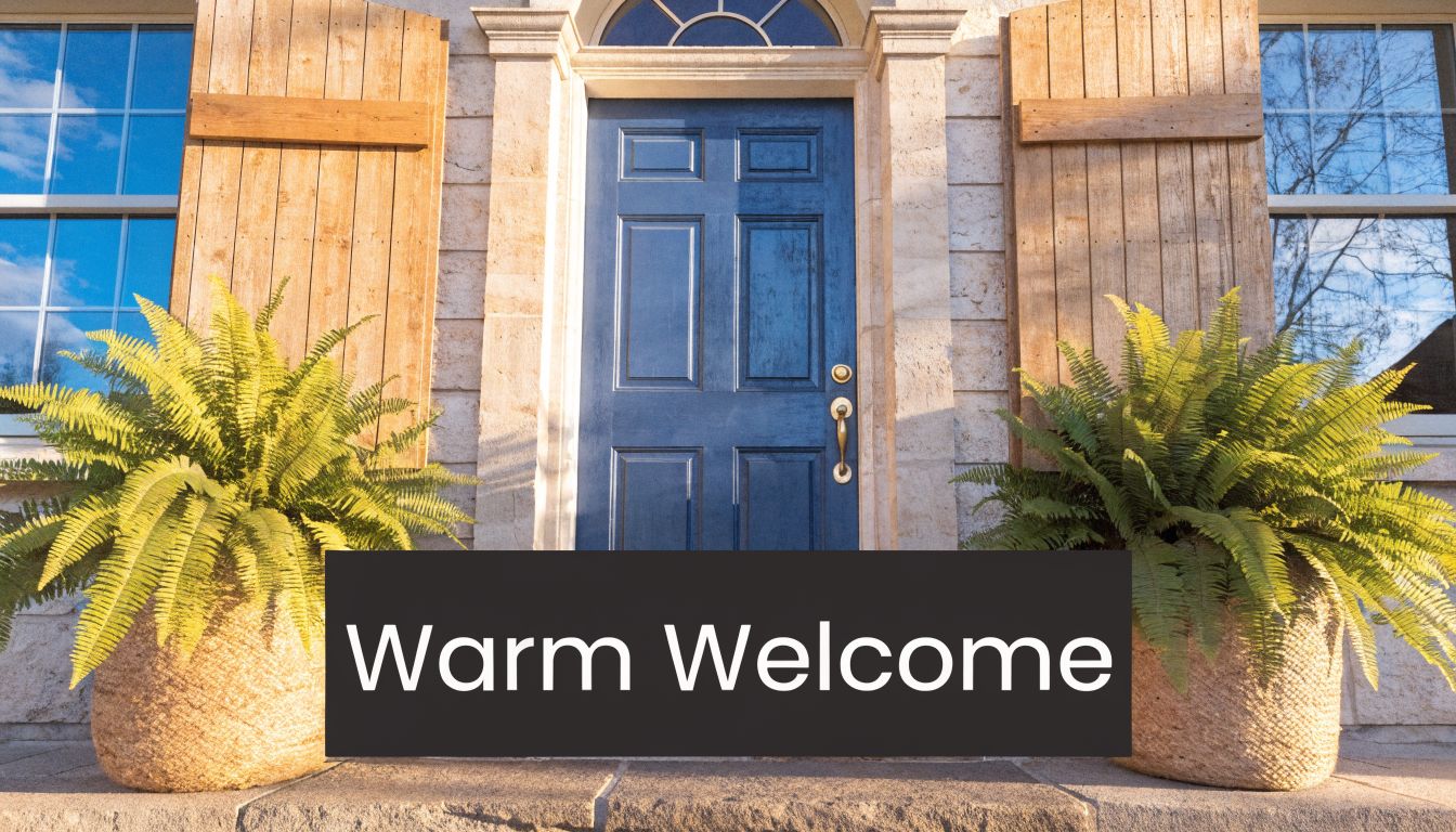 A welcoming house entrance featuring a bright blue front door, wooden shutters, and lush green potted ferns.