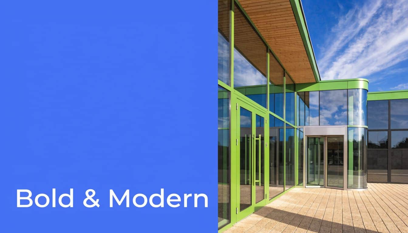 A modern commercial building with bright green frames, floor-to-ceiling glass walls, and a light-colored wooden deck.