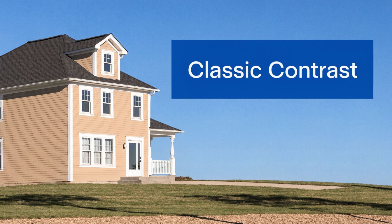 A tan two-story house with dark shingles stands on a grassy field against a blue sky.