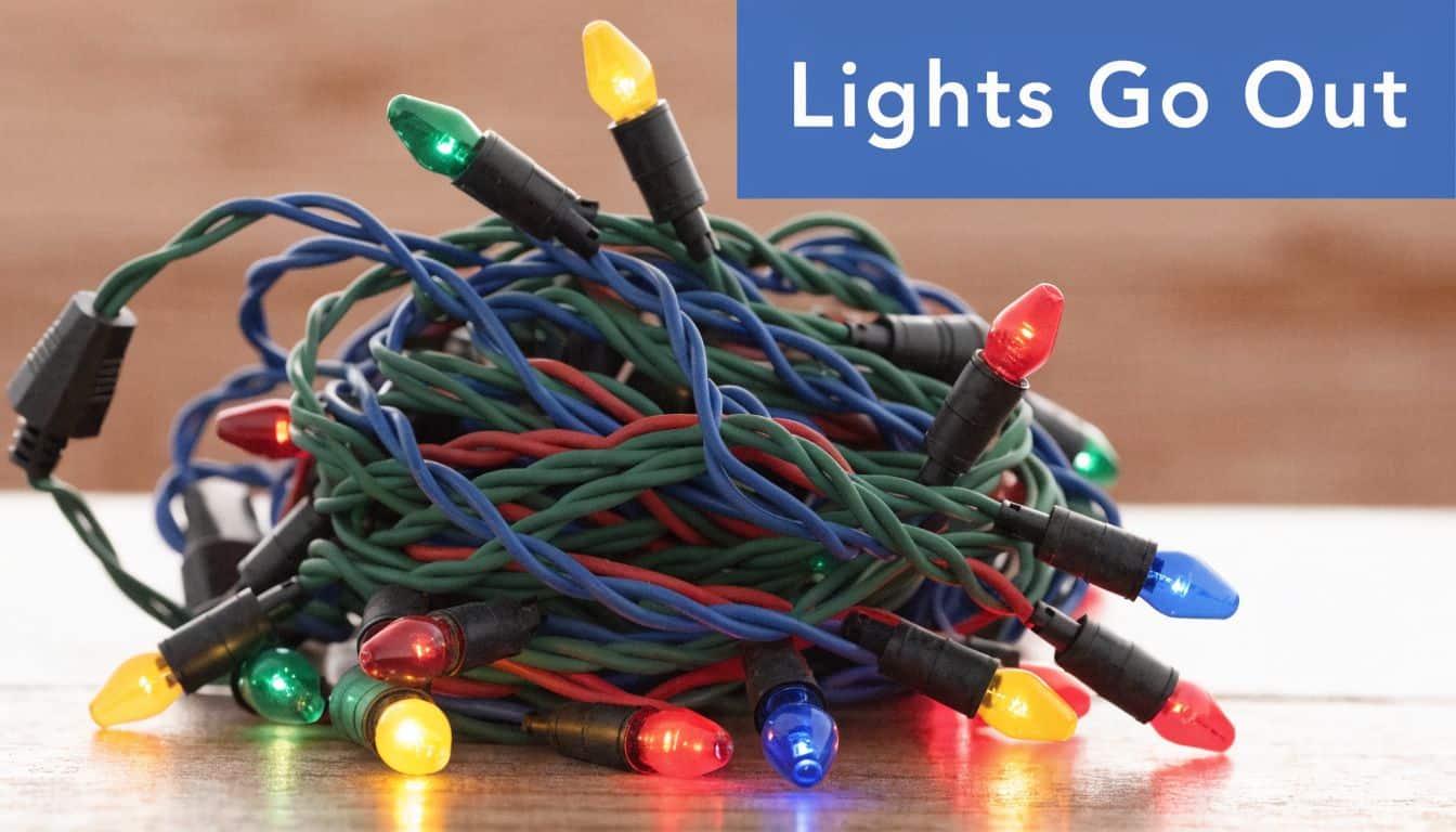A tangled mess of multicolored Christmas tree lights resting on a wooden table surface.
