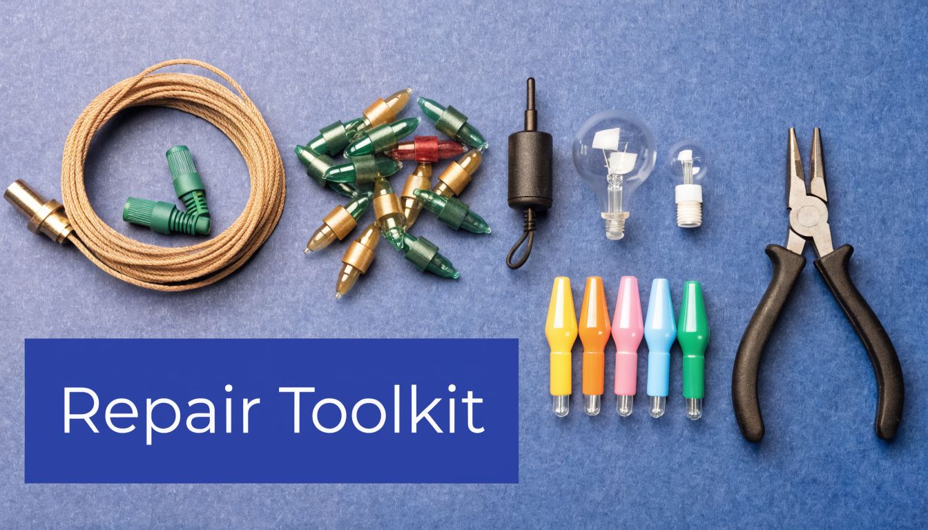 A repair toolkit for Christmas lights featuring spare bulbs, wire, a light tester, and pliers on blue.