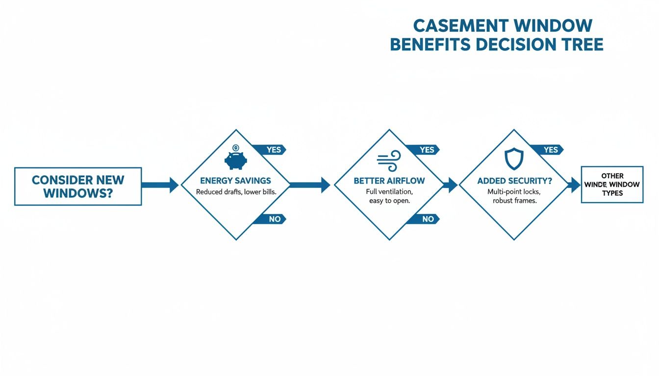 A decision tree illustrating the benefits of casement windows, including energy savings, better airflow, and added security features.