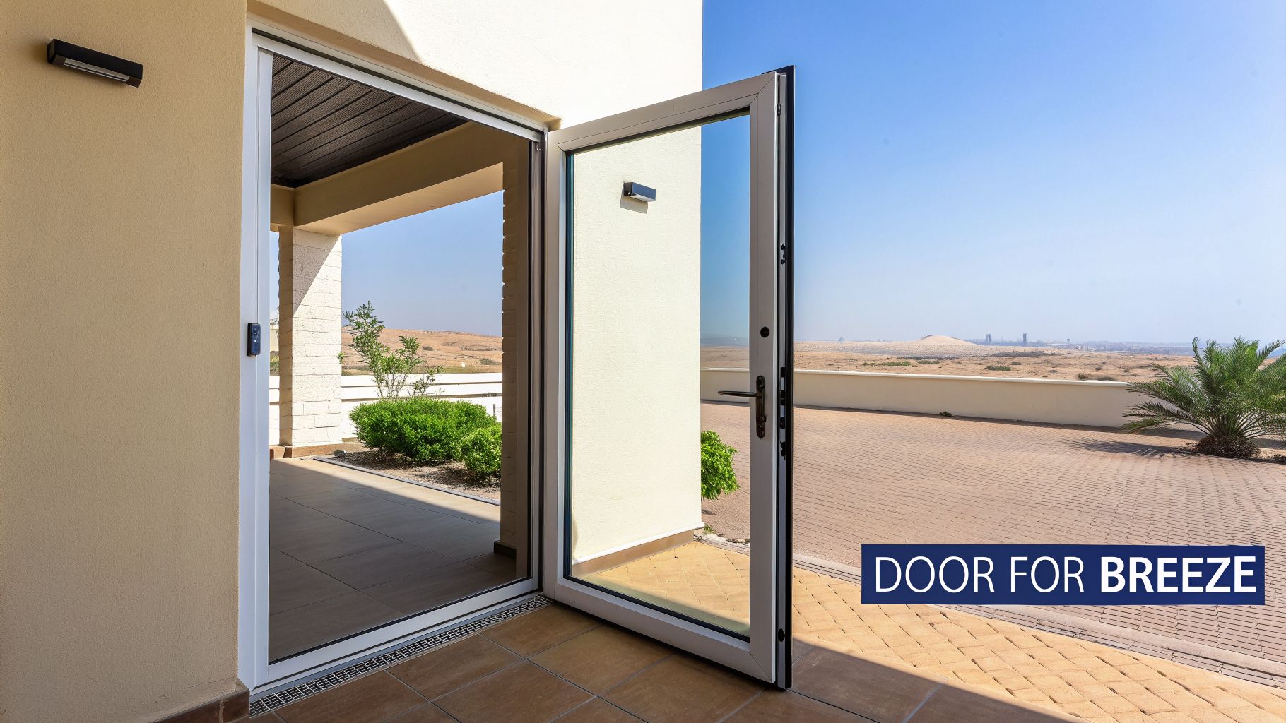 An open white casement door leading to an outdoor desert patio with a distant cityscape.