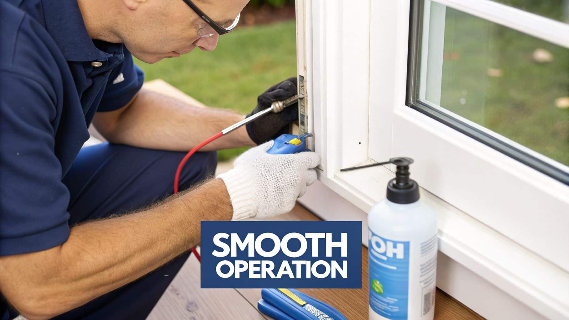 Close-up of a person lubricating a white casement window mechanism with specialized tools for smooth operation.