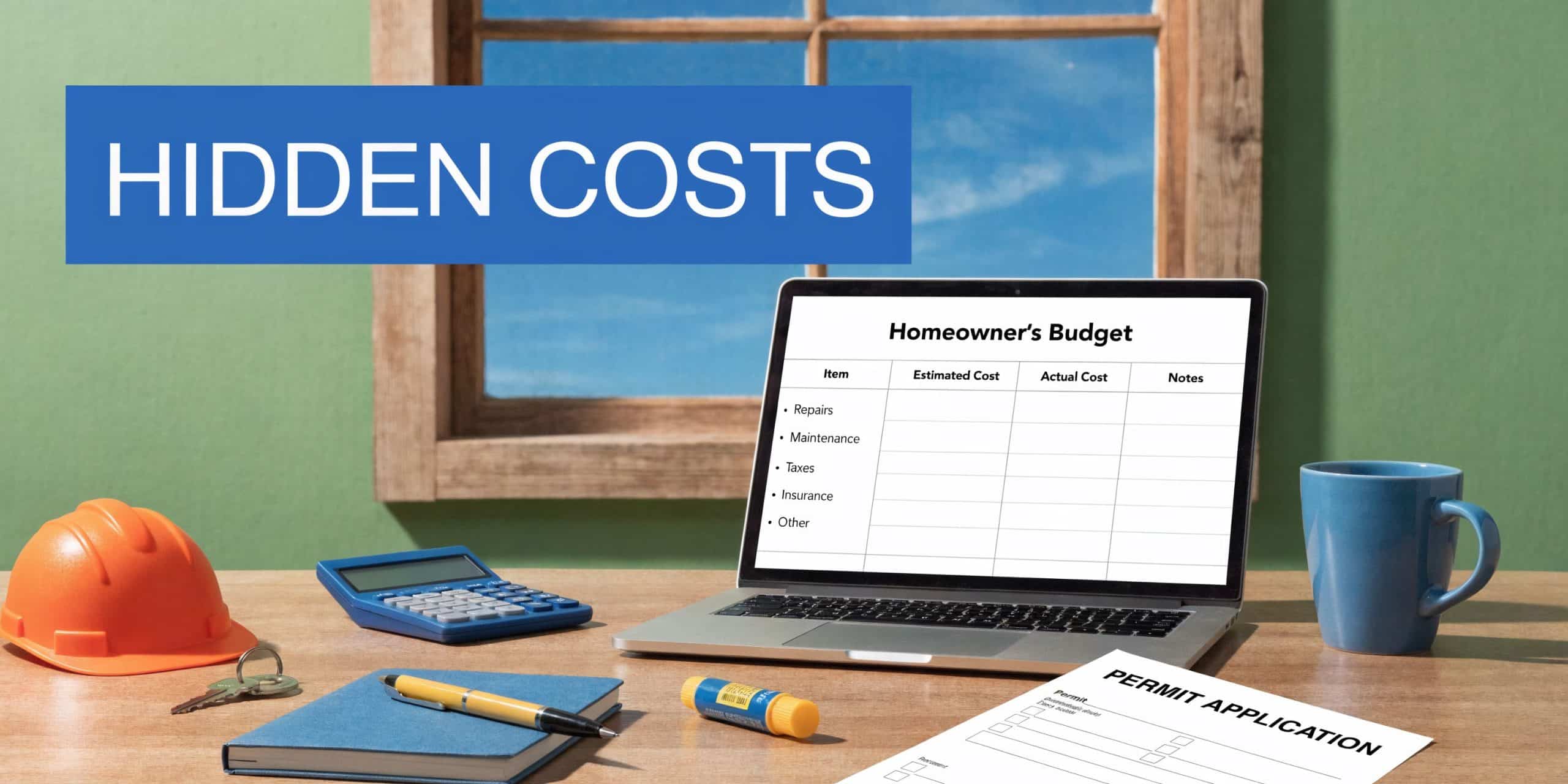 A home office desk featuring a laptop displaying a homeowner budget spreadsheet and permit application documents.