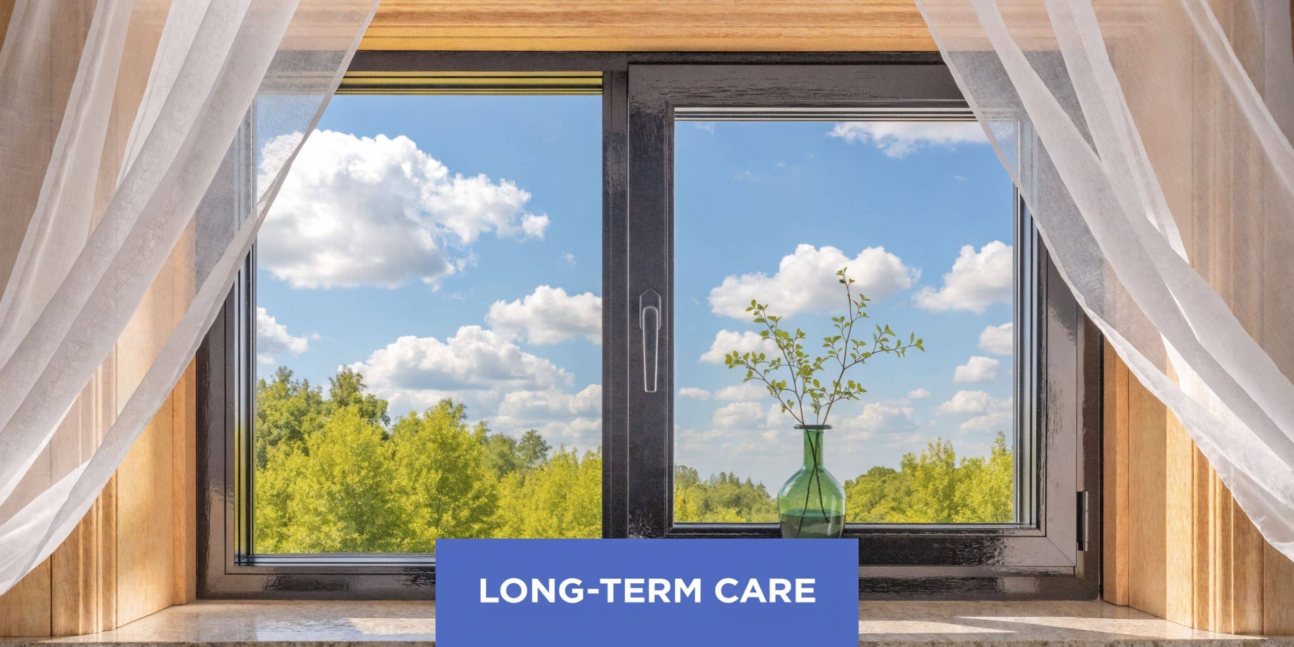 A serene view of trees and clouds through a dark framed window with elegant sheer curtains.