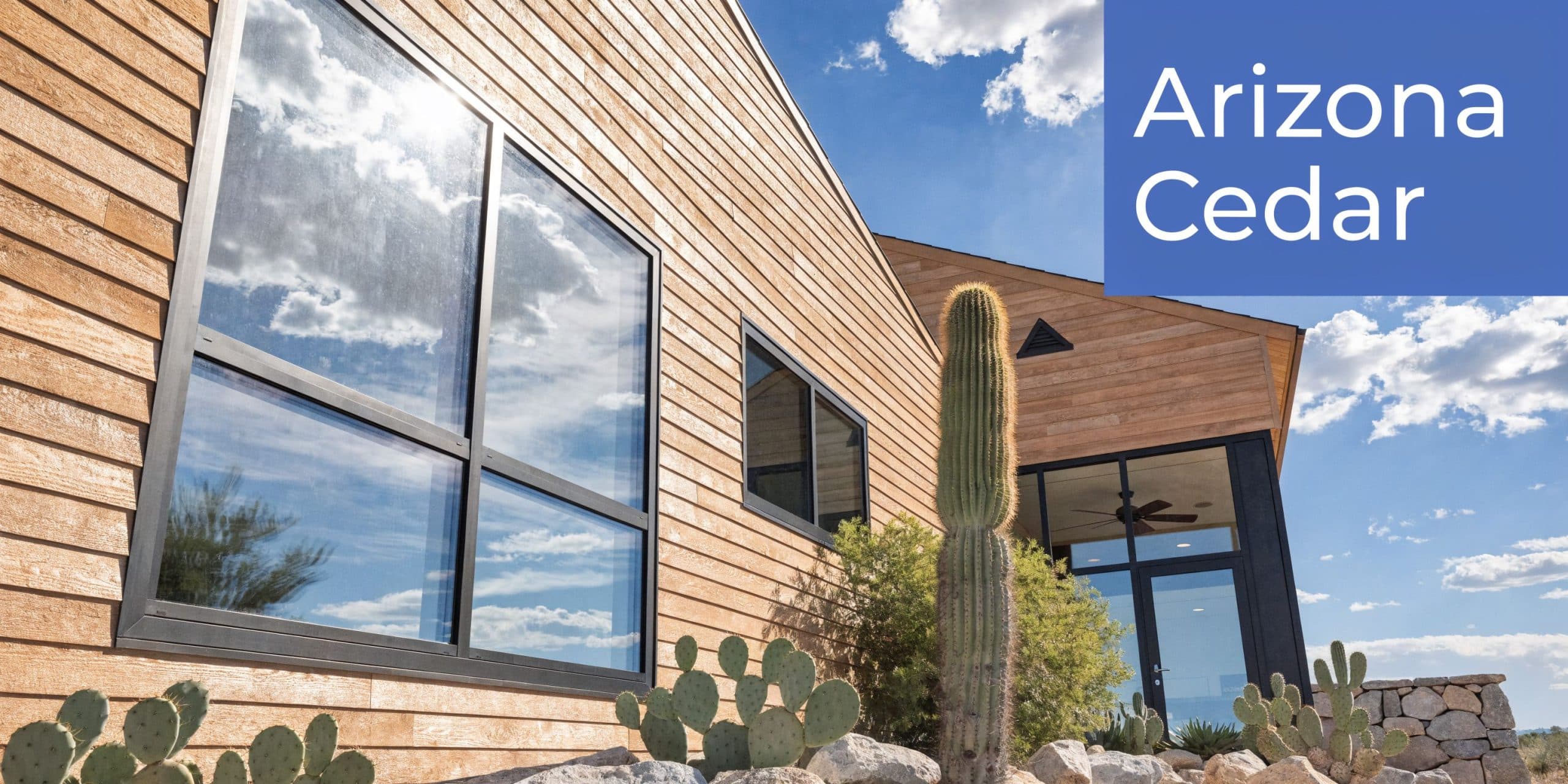 A modern home featuring light-colored cedar siding and large windows, accented by desert cacti in the foreground.