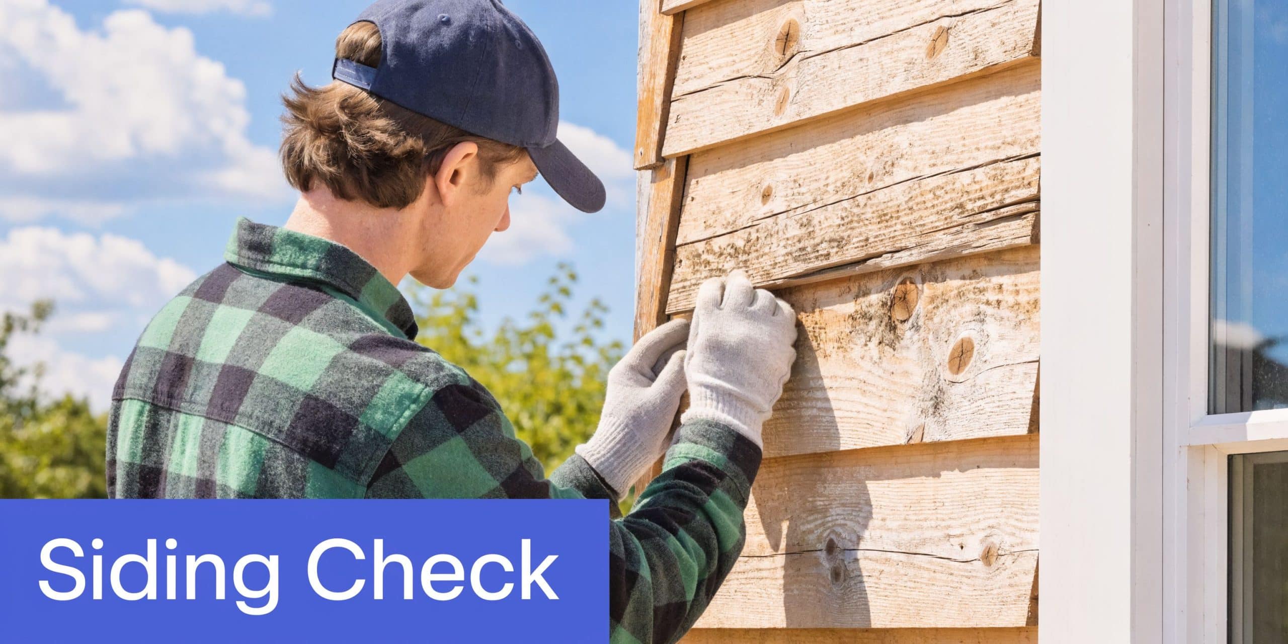 A professional construction worker in a plaid shirt carefully inspecting wooden cedar siding on a house exterior.
