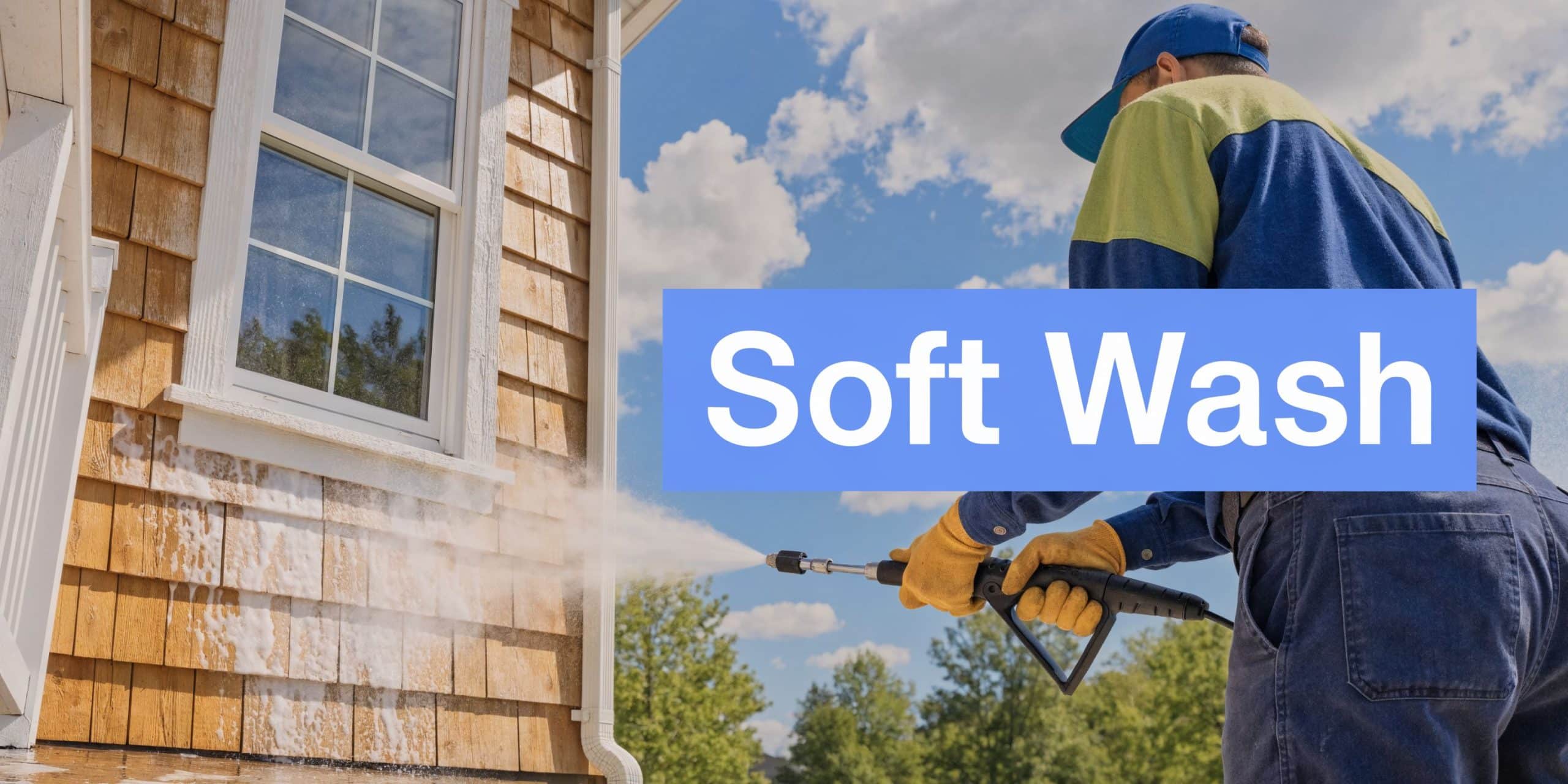A professional cleaner using a soft wash system to clean cedar siding on a residential home.