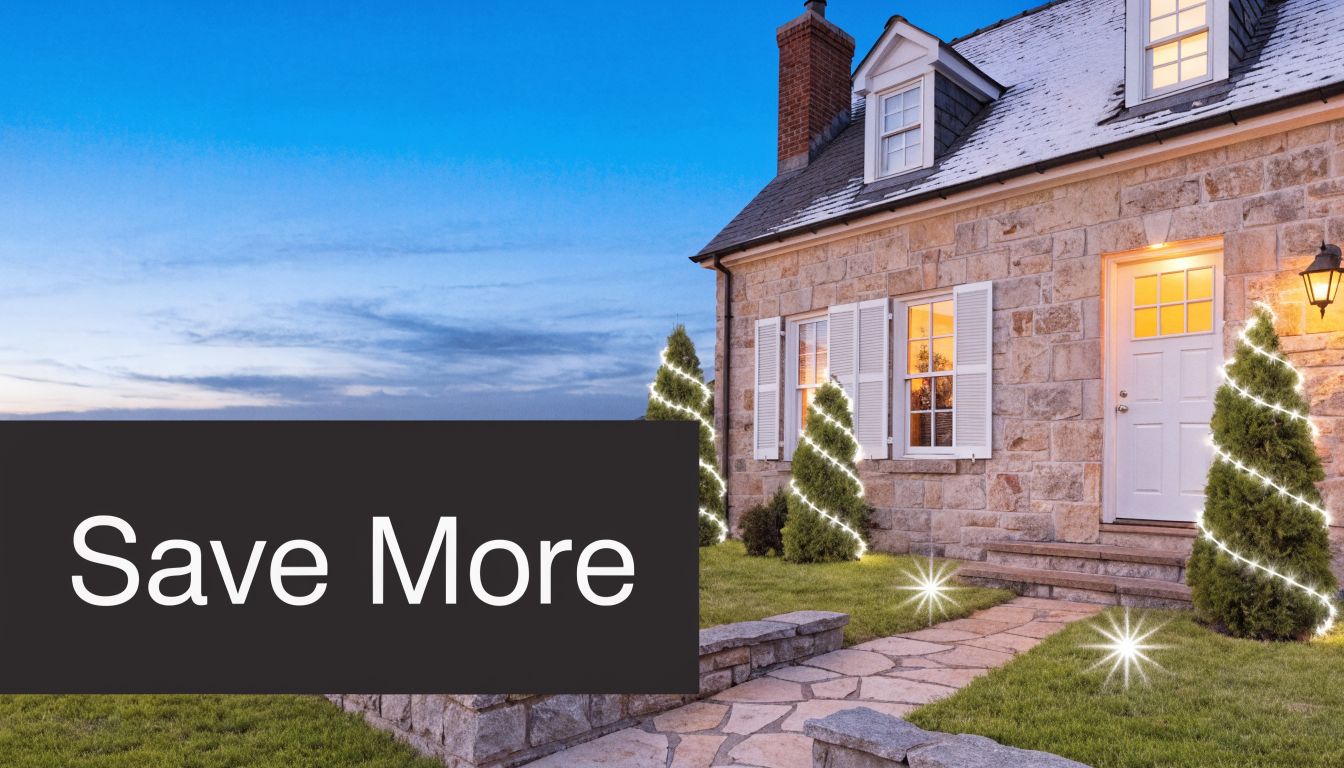 A cozy stone house decorated with twinkling outdoor Christmas lights on evergreen trees at twilight