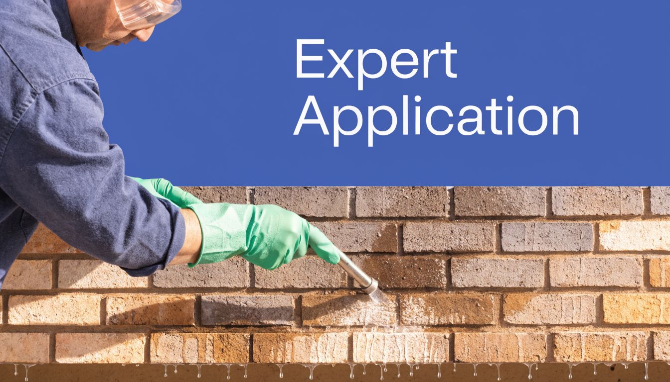 A professional wearing protective gloves and glasses cleans a brick wall using a pressurized spray nozzle.